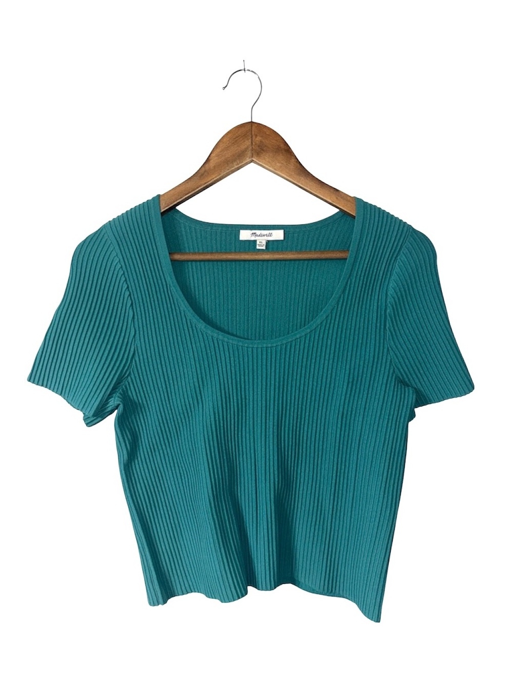 Madewell Teal Blue Ottoman Ribbed Knit Short Sleeve Crop Tee Shirt Size XL
